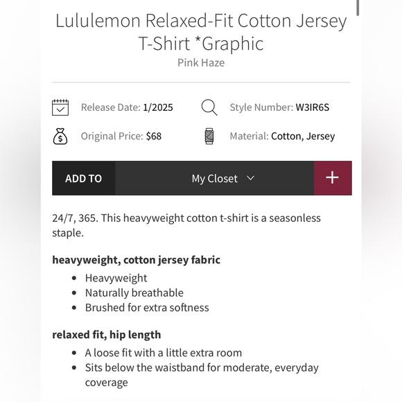NWT lululemon Relaxed Fit Cotton Jersey T-Shirt Graphic Pink Haze Size 8 - Picture 4 of 11